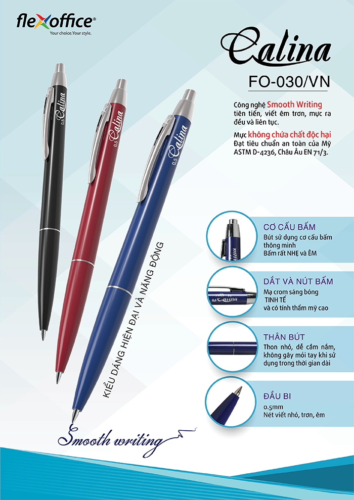Bút bi FlexOffice FO-030. Đầu bi nét 0.5mm,  (Vỉ 2 cây - mực xanh),