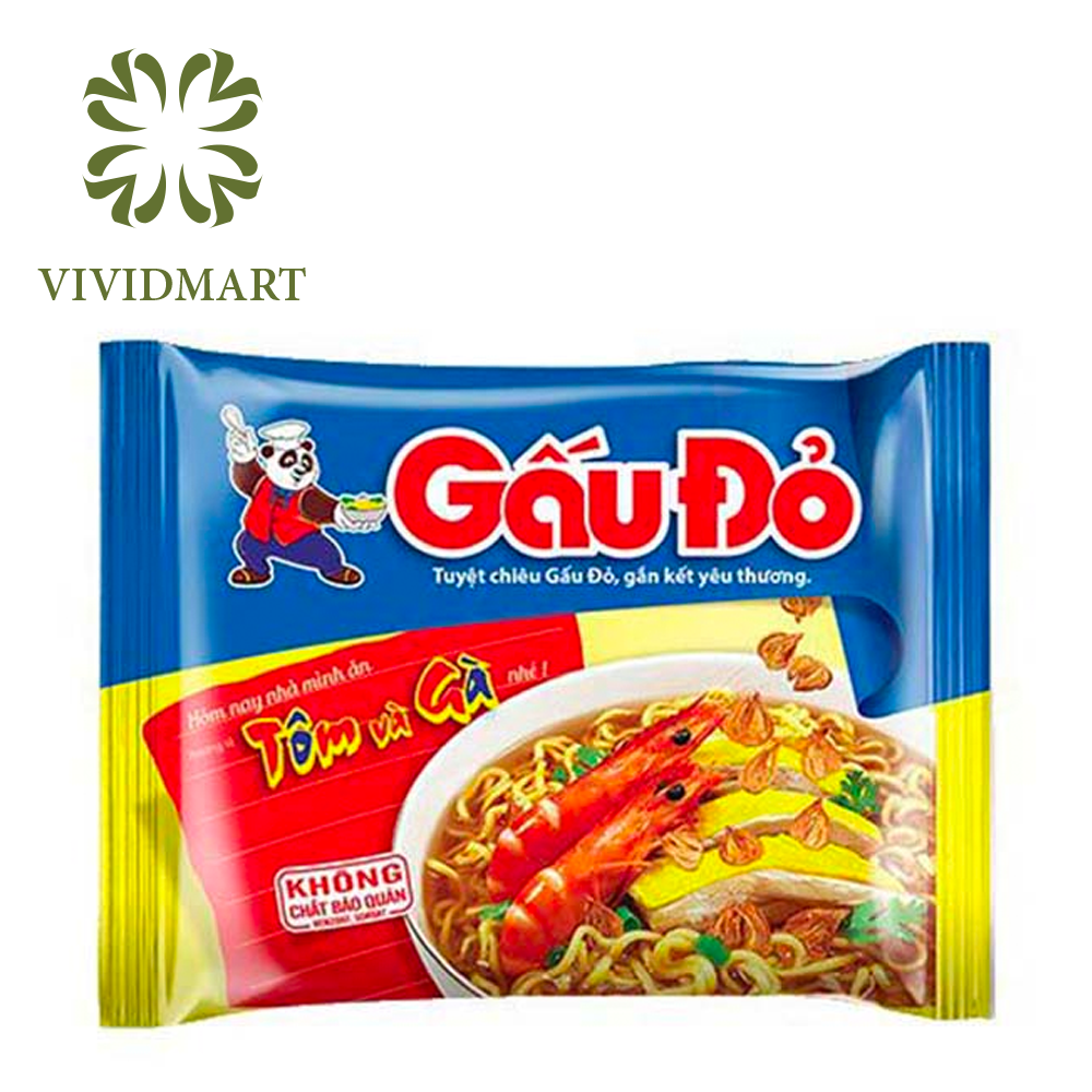 Góilẻ- MÌ GẤU ĐỎ 7 VỊ: GÀ SỢI PHỞ, TÔM VÀ GÀ, BÒ BÍT TẾT, THỊT BẰM, TÔM CHUA CAY, SỢI PHỞ HÀNH PHI, CHAY –GÓI63G– GẤU ĐỎ