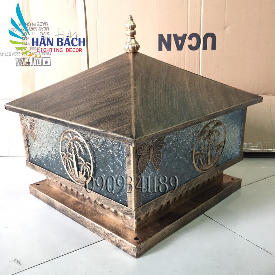 Đèn trụ cổng màu đồng gỉa cổ, đèn trụ sân vườn d400 habali