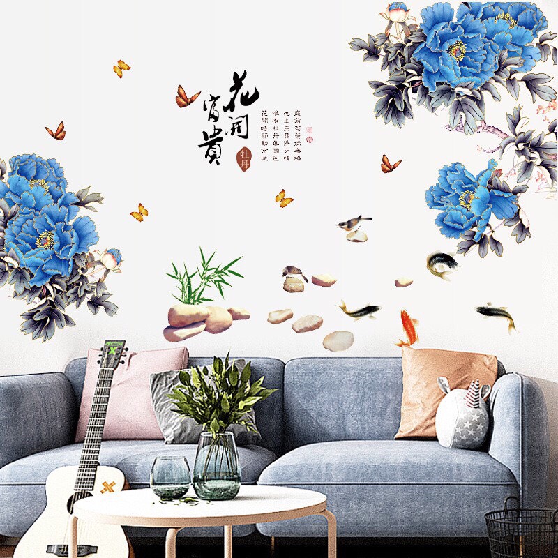 Decal dán tường mẫu Hoa mẫu đơn xanh