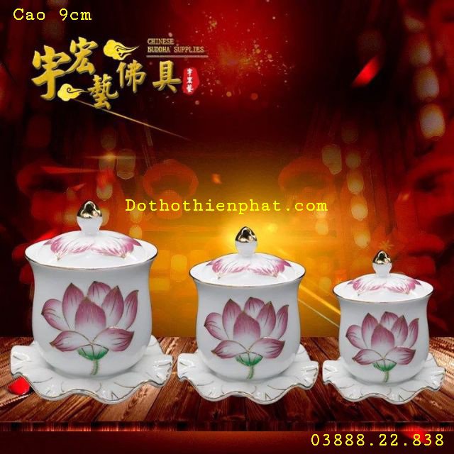 Chung nắp hoa sen hồng gốm sứ nhiều kích thước
