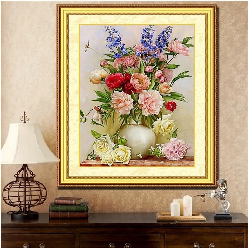 Tranh thêu chữ thập Bình Hoa Khoe Sắc thêu toàn bộ XW2475 KT:72cmx98cm Siêu Thị Tranh Thêu