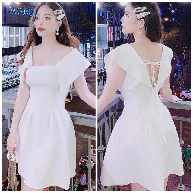Đầm trắng cổ đắp vai