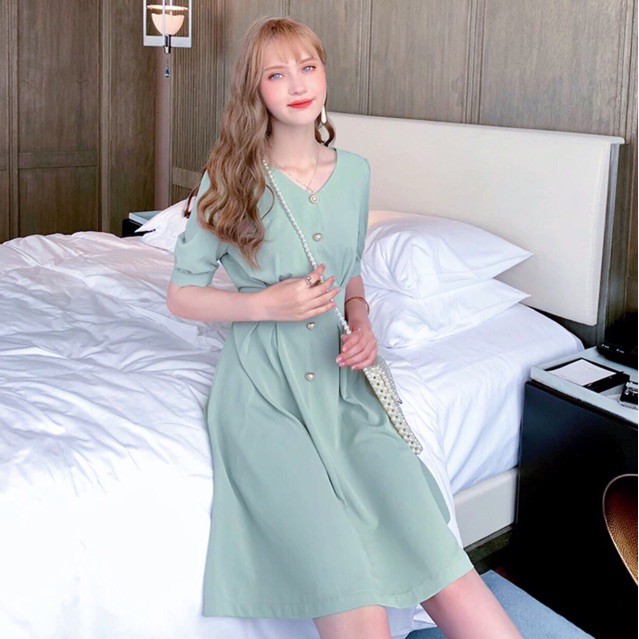 Đầm mint nút ngọc thắt nơ