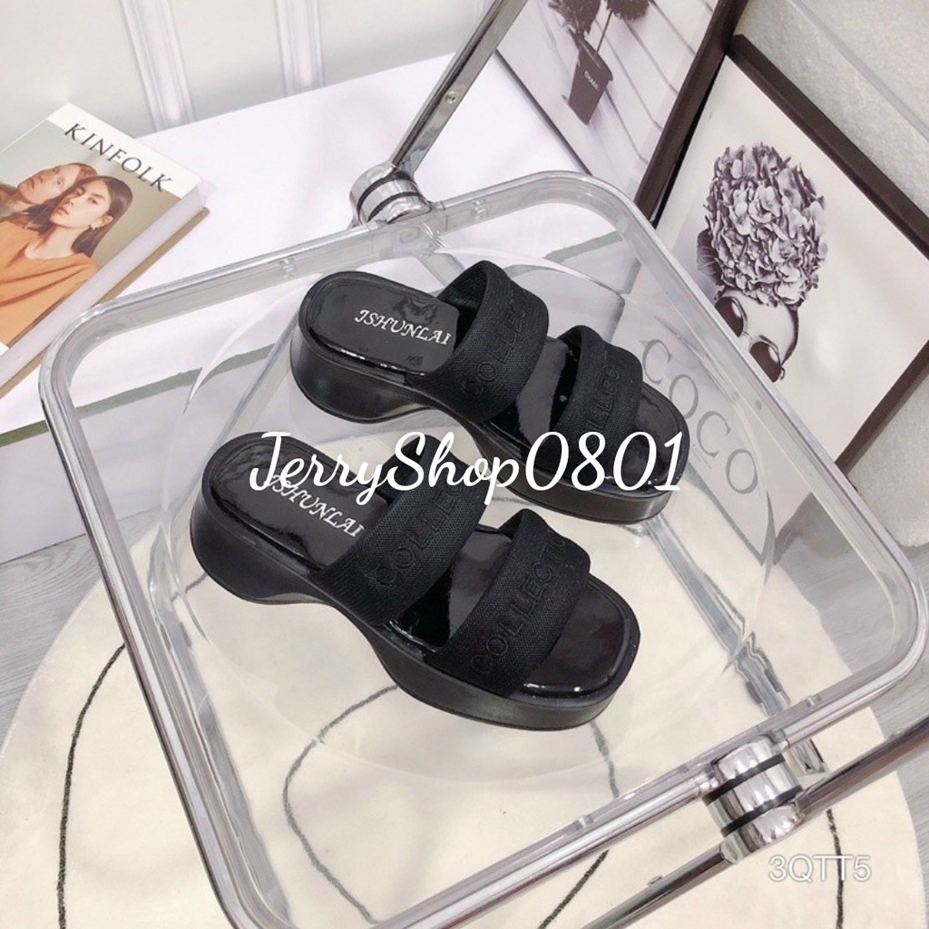 Dép xuồng nữ đế cong cao 5p 2 quai in chữ hottrend xịn xò