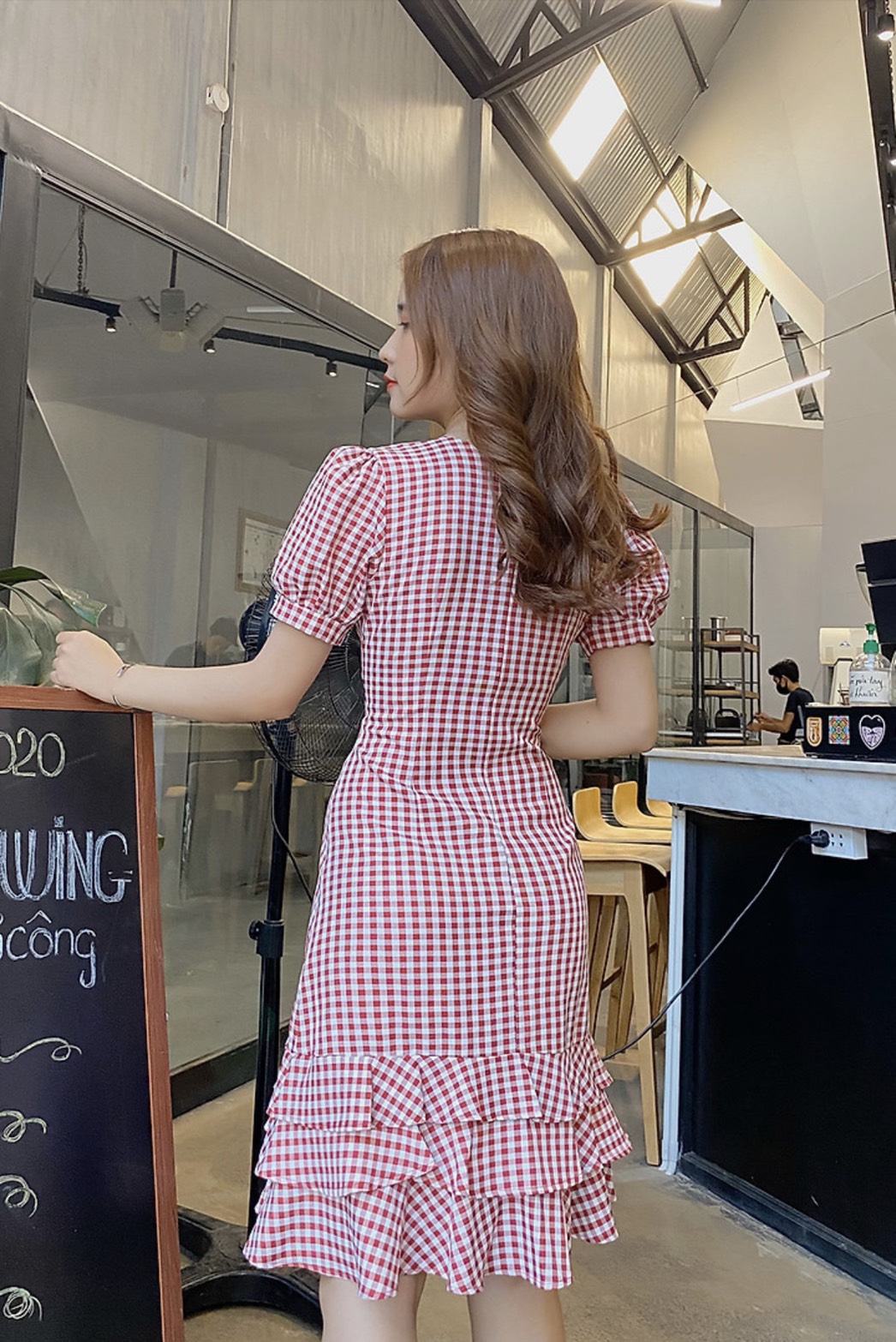 [HCM]ĐẦM SUÔNG CARO PHỐI NÚT SIÊU XINH TH