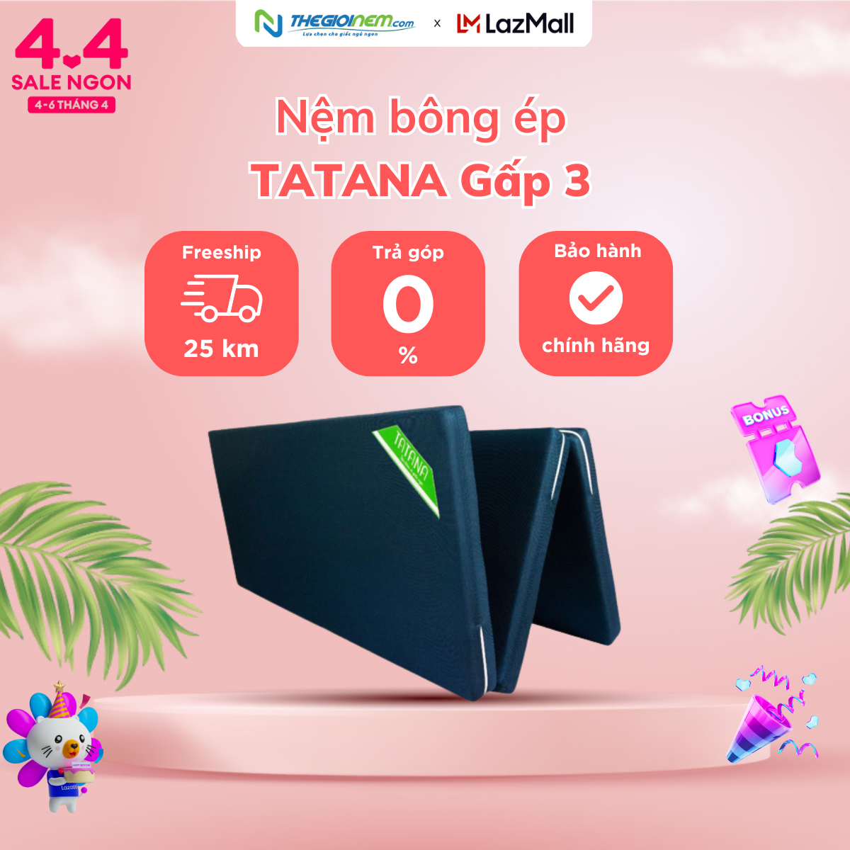 Nệm bông ép gấp 3 tatana 180x200x10cm-bảo hành 10 năm