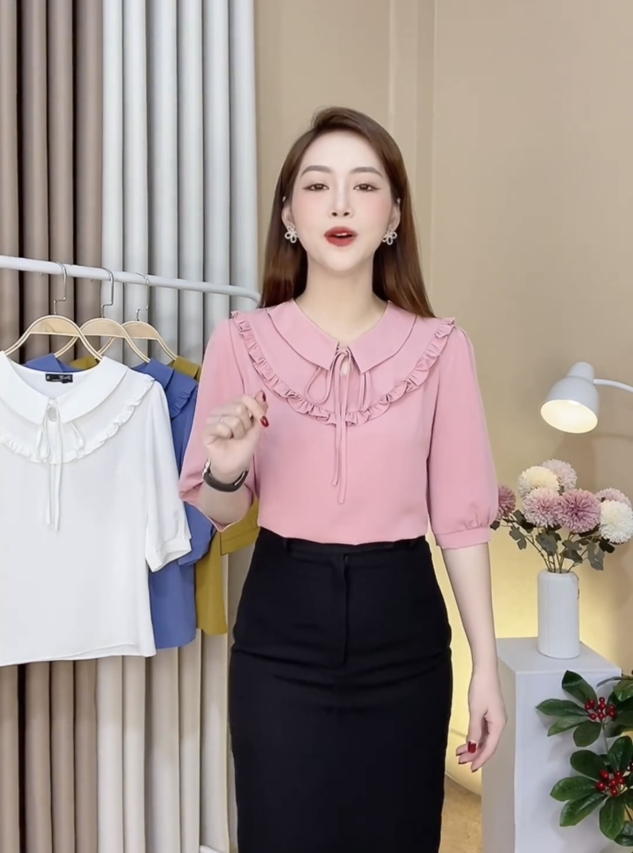 Áo công sở cổ sơ mi côt trẻ trung
