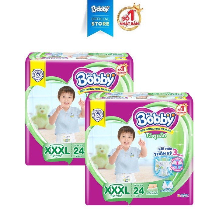 [Tặng 8 miếng] Combo 2 Tã/bỉm quần Bobby Lõi Nén Thần Kì Jumbo XXXL24 - 24 miếng (18kg)