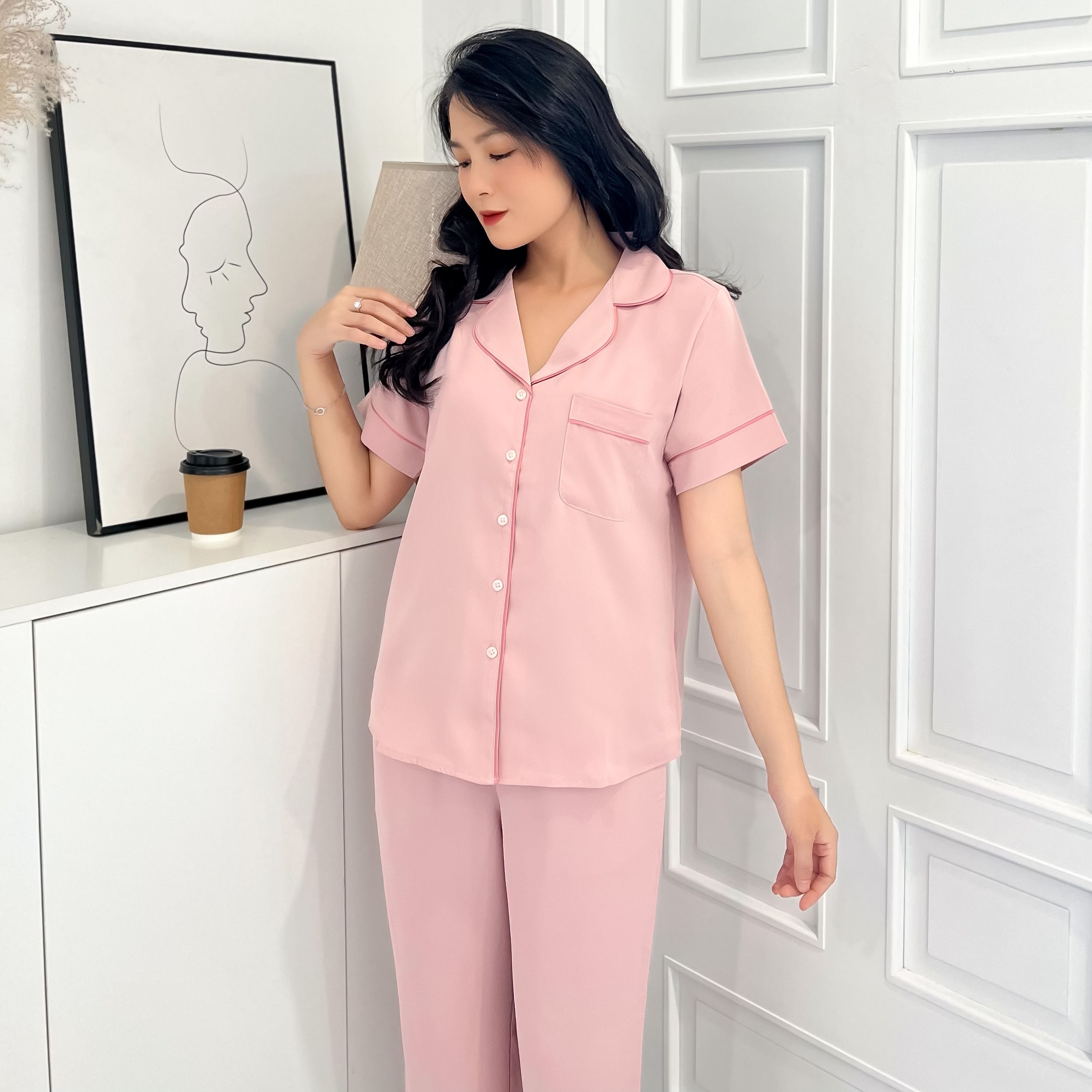 Đồ mặc nhà MÂY pijama lụa mịn Hàn quốc trơn quần dài