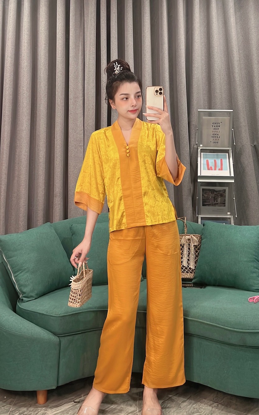 set  đồ lam đi chùa thiết kế nữ bài lai gấm phối lụa