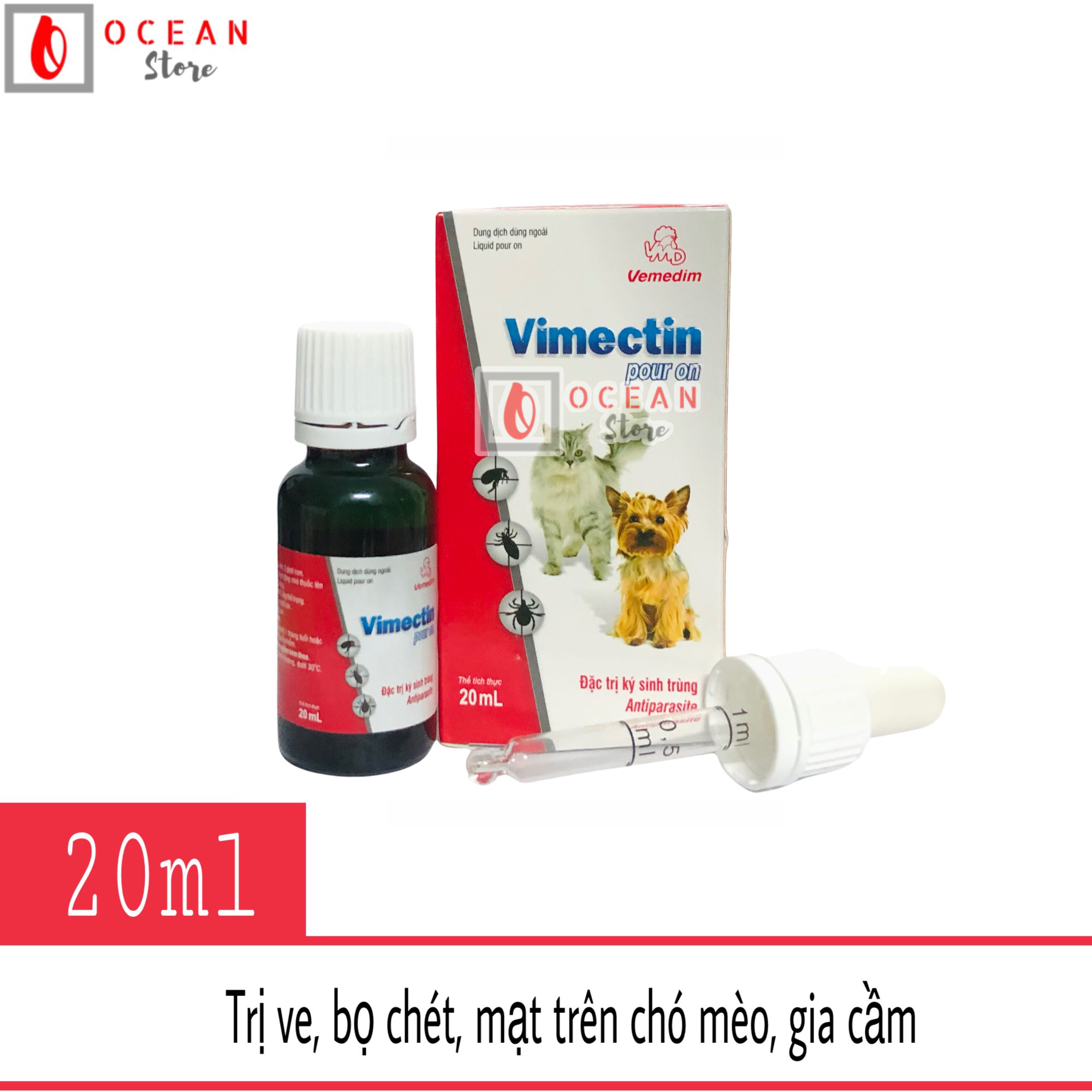 Thuốc nhỏ sống lưng trị ve ghẻ, bọ chét, mạt trên chó mèo, gia cầm - Vemedim Vimectin Pour On