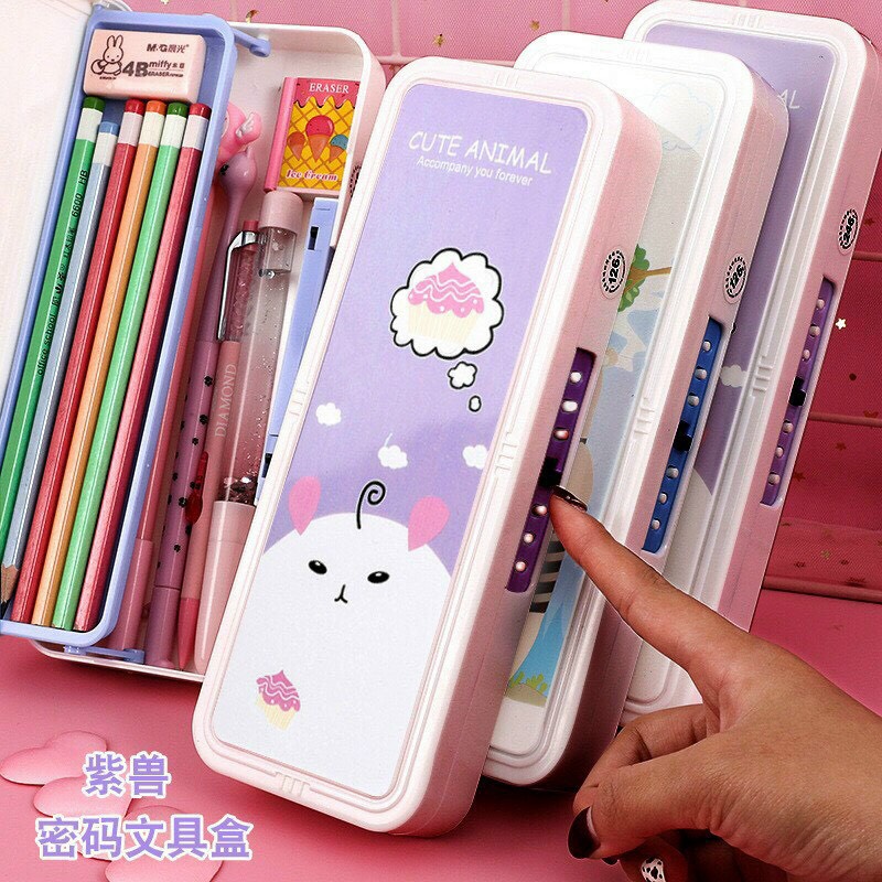Cute Cartoon 2 Layer Password Pen Box For Students