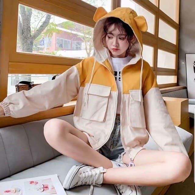 Áo khoác dù kaki mũ tai thỏ bản rộng có túi nắp phối thân đính cúc dễ thương