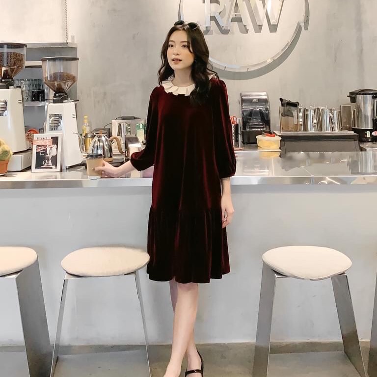 Váy nhung đuôi cá cao cấp phối cổ siêu đẹp