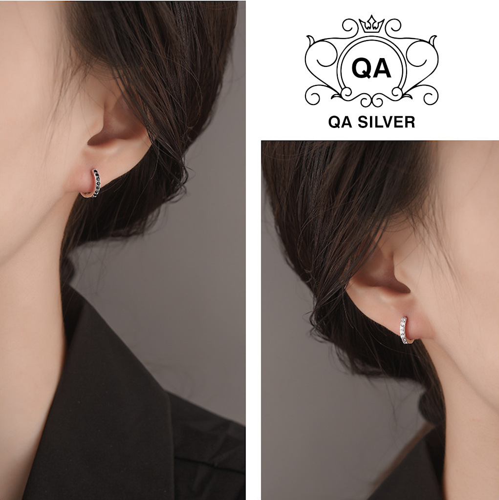 Khuyên tai bạc 925 tròn khảm đá bông tai hoop nam nữ đen trắng S925  HOOP QA Silver Earrings EA191001