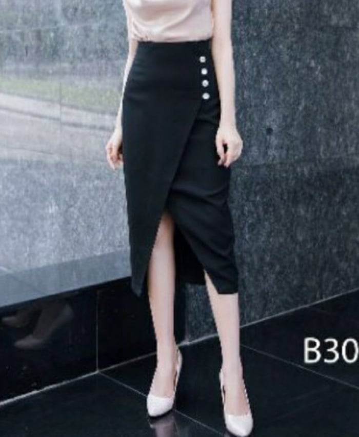chân váy bút chì dáng dài xẻ trước