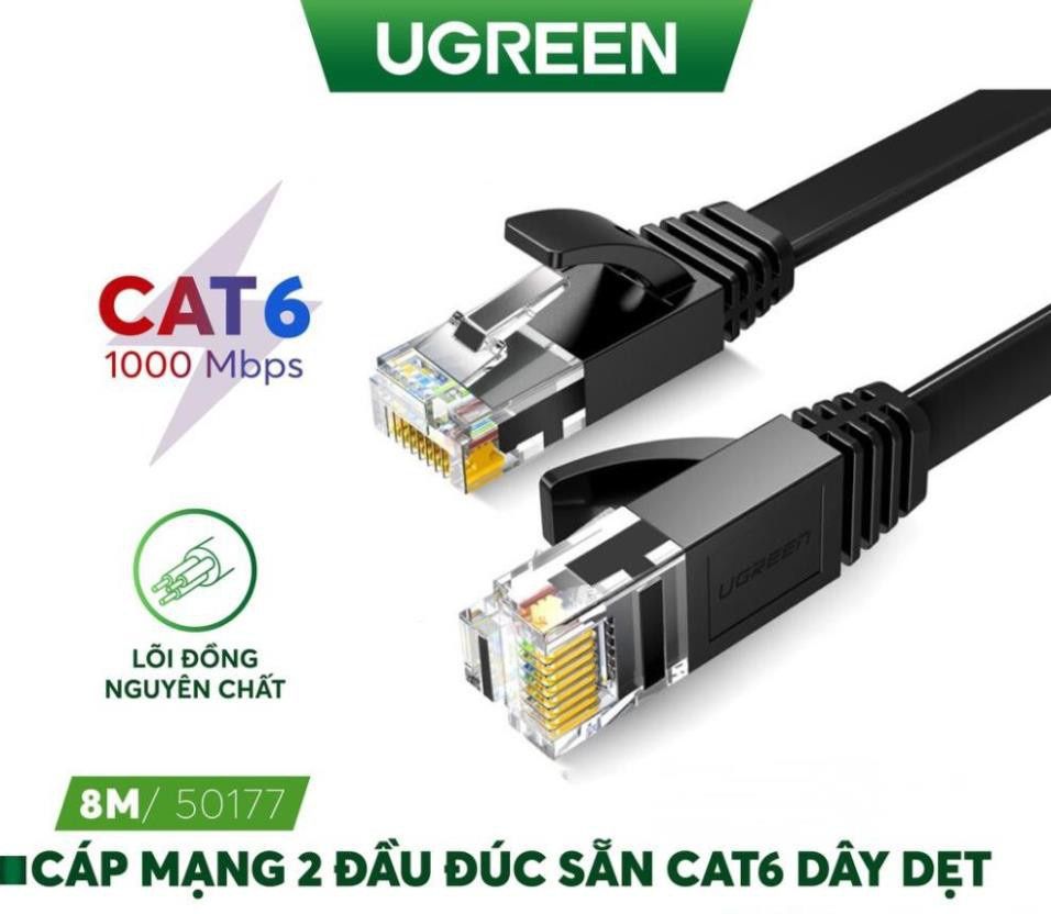 Dây cáp mạng đúc sẵn dẹt Cat6 dài 8m 26AWG Ugreen 50177 cao cấp (màu đen)