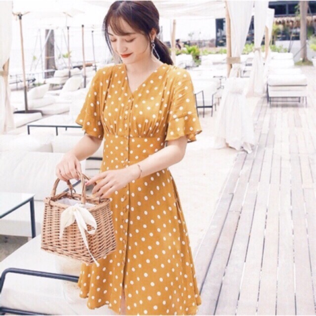 [HCM]Đầm bi cam thun eo (kèm hình thật)