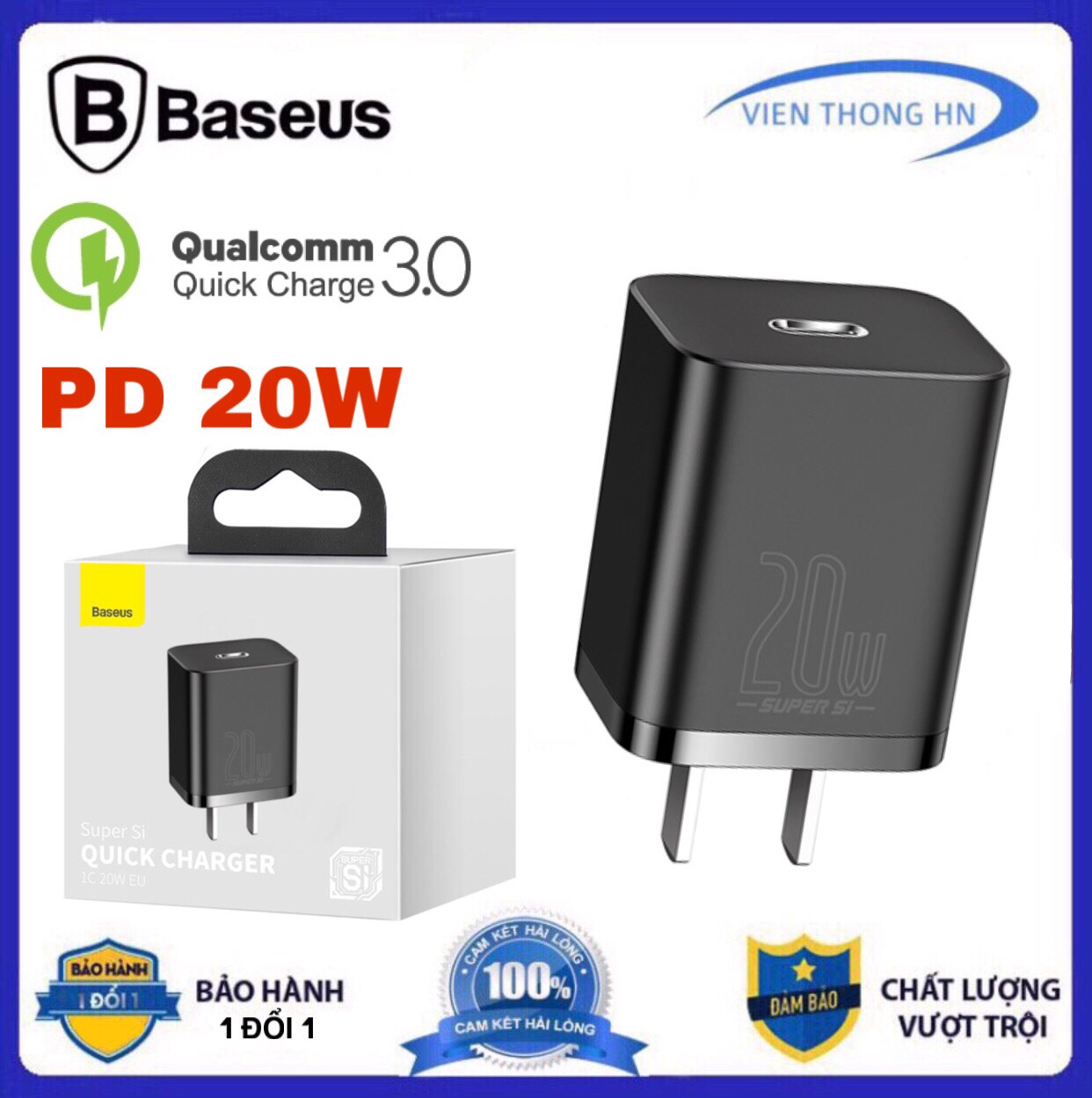 Cốc sạc nhanh iphone pd 20w QC 3.0 Baseus Super Si cổng type c  củ sạc ip 12 trở lên ...vv - vienthonghn