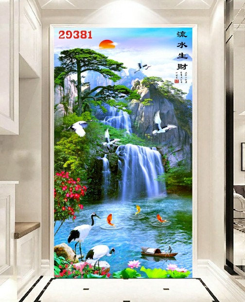 Tranh dán tường 3d khổ đứng sơn thủy hữu tình trang trí phòng khách phòng ngủ giá rẻ đẹp chất liệu decal pp keo sẵn bóc dán PA