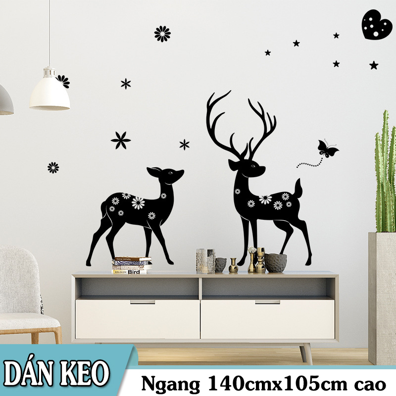 [HCM]Decal trang trí tường - Cặp Nai Đen Nhí hoa văn xinh xinh. Decal in trên chất liệu PVC có keo sẵn ở mặt sau chỉ cần lột ra và dán có thể lau chùi bằng nước công nghệ in rõ nét không bay màu.