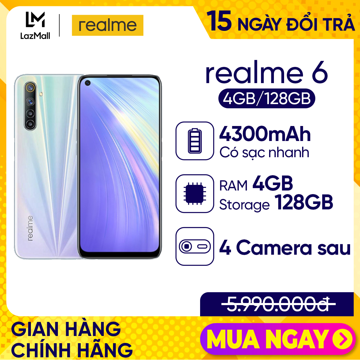 Điện thoại Realme 6 - 4GB/128GB, 6.5 inch, 2 sim