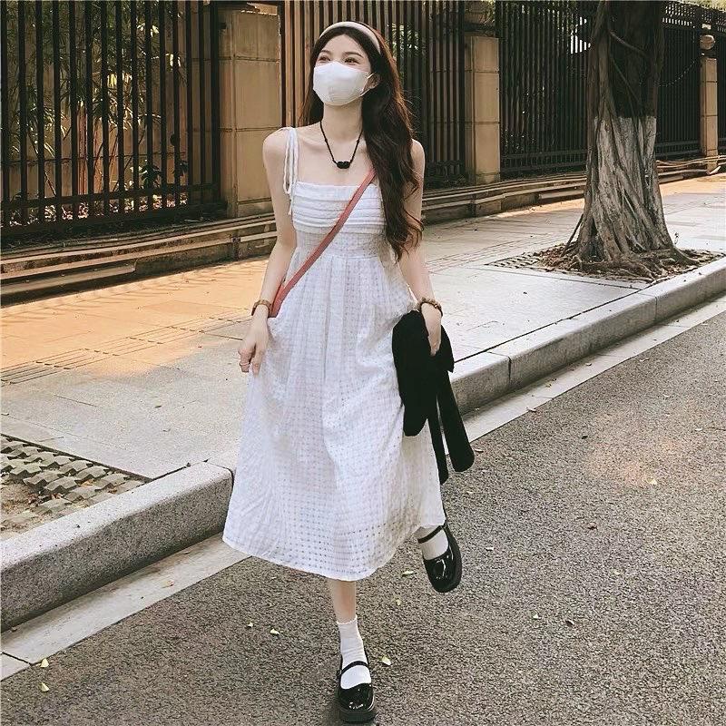 Váy trắng 2 dây kèm áo khoác cardigan, váy trắng dự tiệc đi chơi AS112