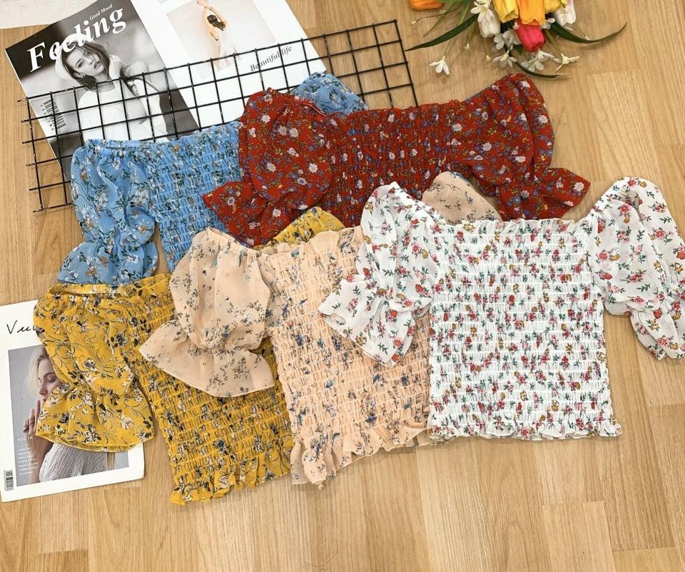Áo voan hoa thân nhún trễ vai tay ngắn dễ thương TTKX0633