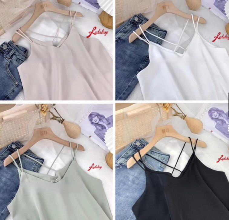 Áo hai dây nữ cổ tim vải lụa satin cao cấp