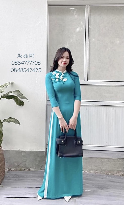 Áo dài đính hoa nổi 2 tà sang chảnh. chất lụa Nhật cao cấp