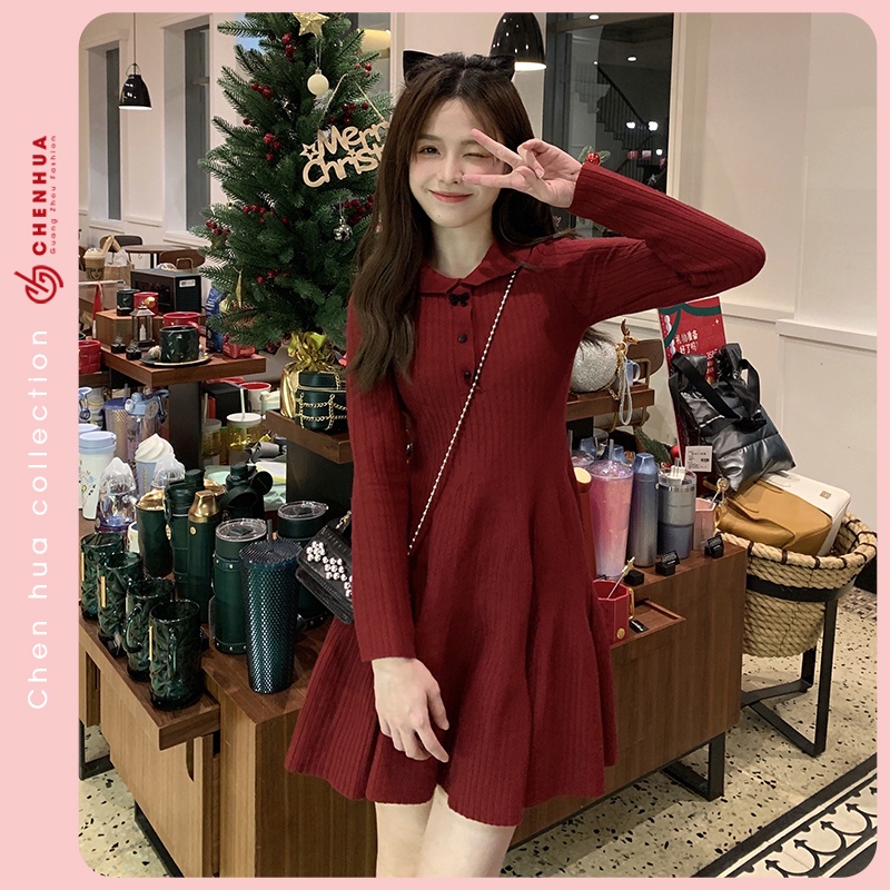 Váy len đỏ nữ ChenHua đầm len noel QC đẹp VT23