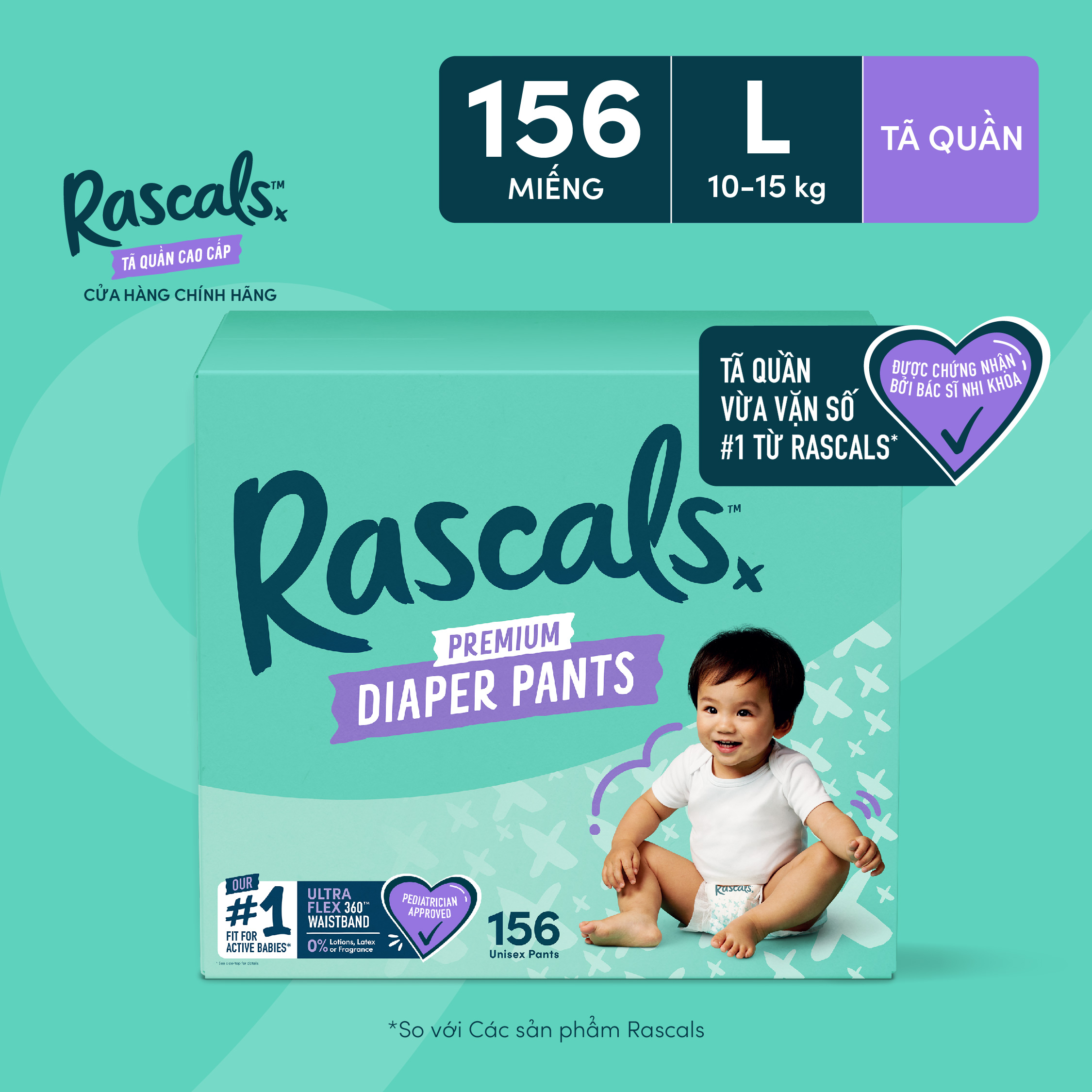 Thùng 3 bịch Tã/Bỉm Quần Rascals Size L (10-15kg) 156 miếng