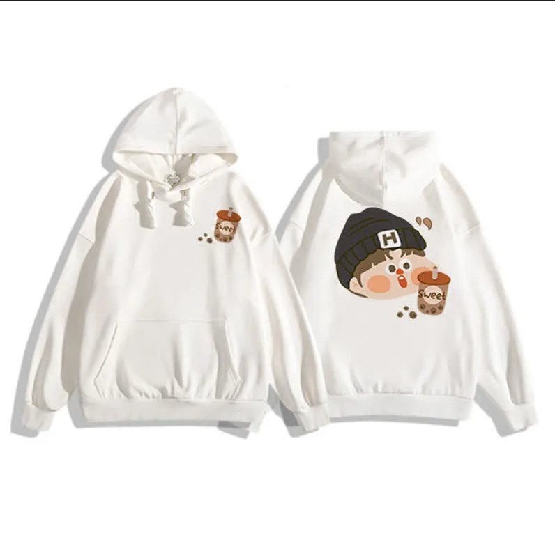 Áo hoodie cặp đôi, in hình em bé uống trà sữa siêu cute.tp