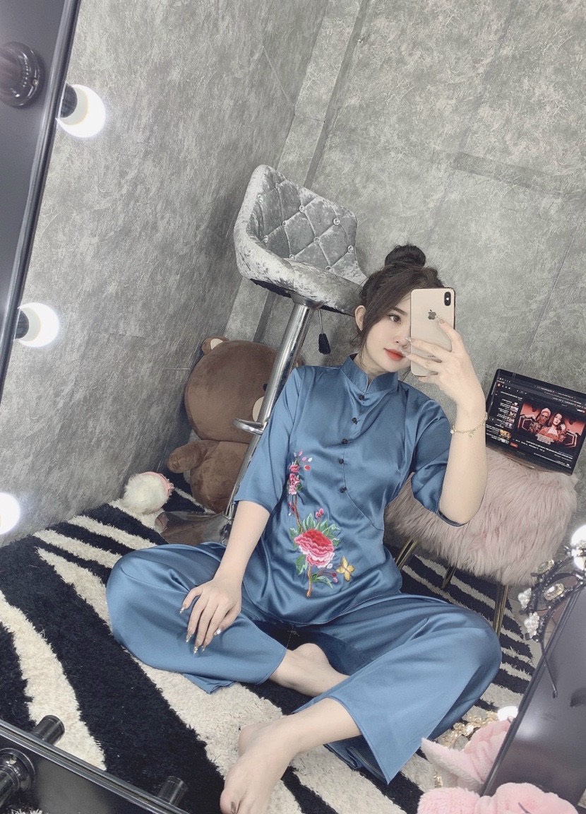 Đồ Lam Đi Chùa #Mẫu Hoa Xuân Lụa Satin# Quần Áo Nữ