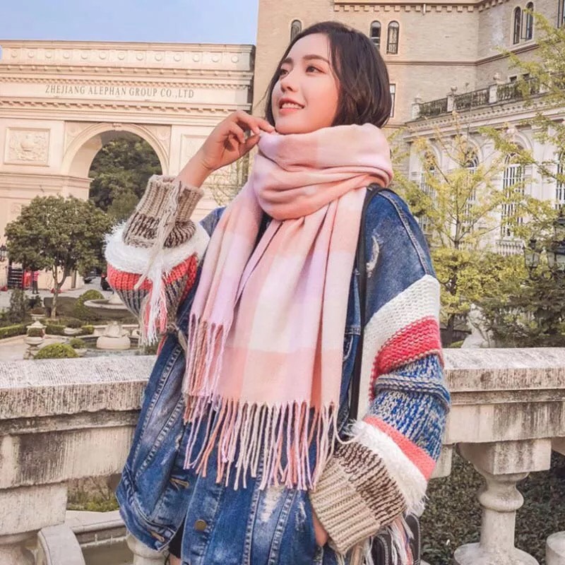 Khăn Dạ Len Hàn Quốc, Khăn Len Dạ Choàng Cổ Kẻ Ô Nhiều Màu, Khăn Choàng Cổ Dạ Len Kẻ Sọc Tua Rua Thời Trang