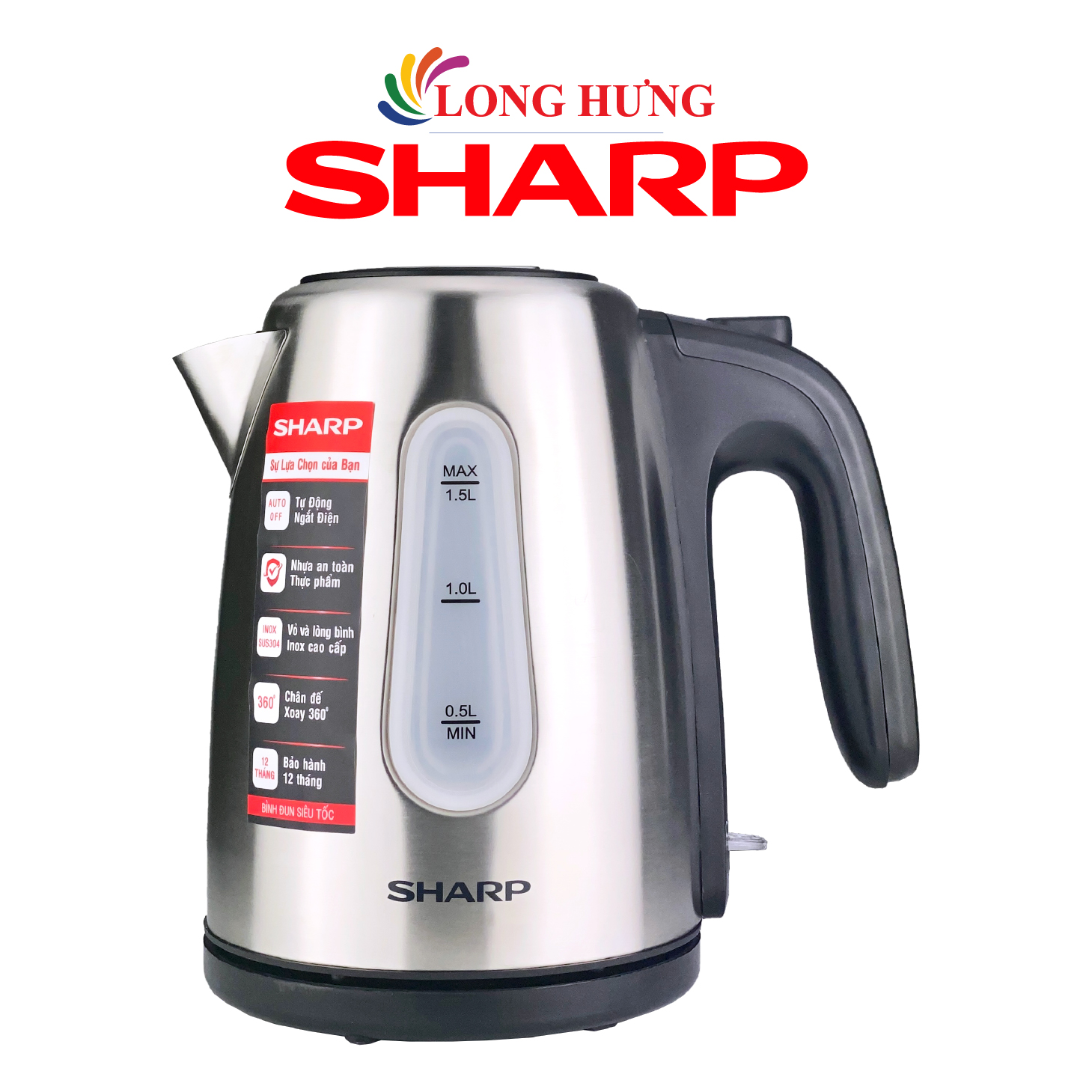Bình đun siêu tốc Sharp 1.5 lít EKJ-15EVS-ST - Hàng chính hãng - Cột hiển thị mực nước, lưới lọc cặn, đèn hoạt động