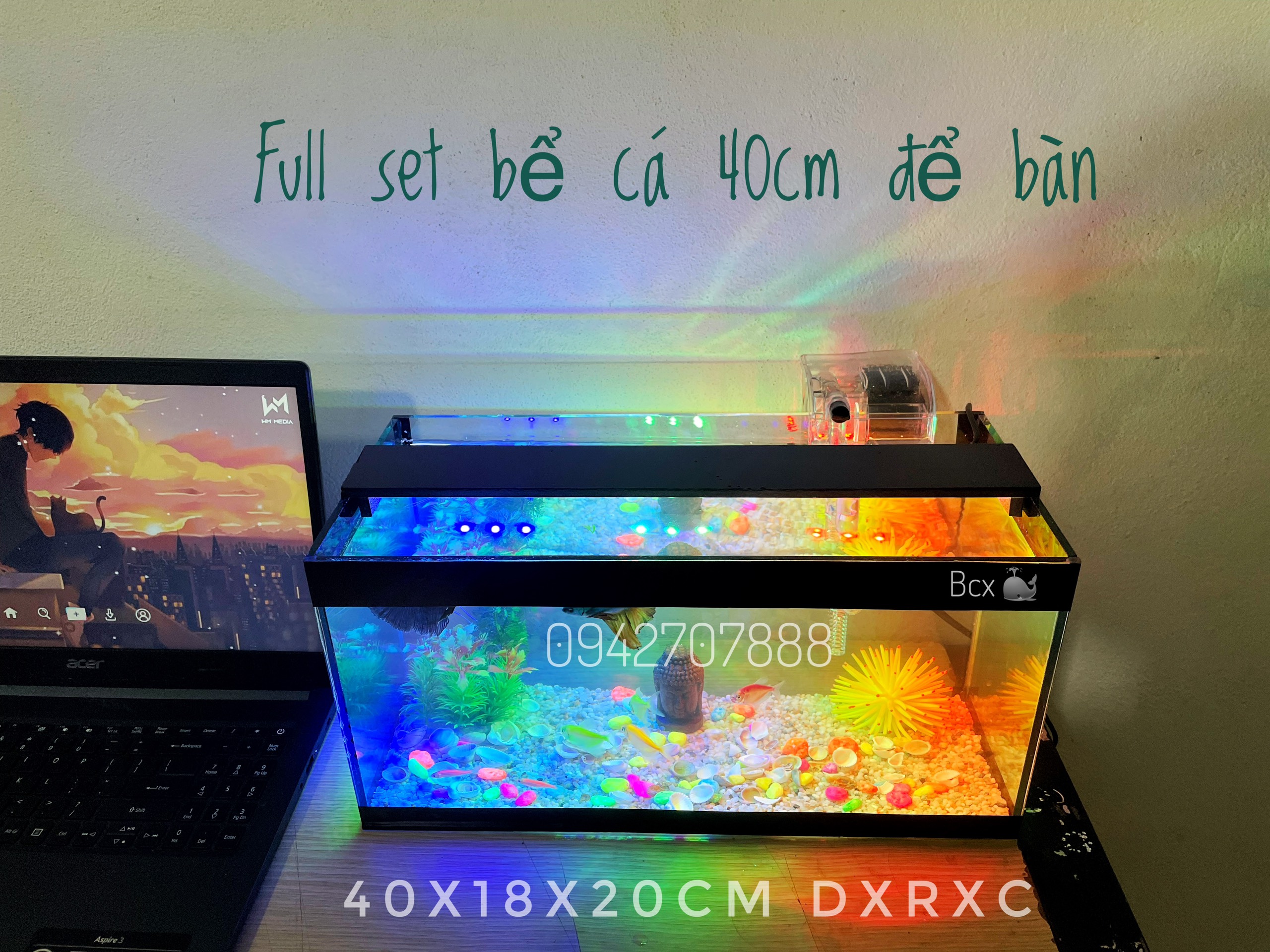 Bể cá mini để bàn 40cm FULL COMBO đầy đủ phụ kiện