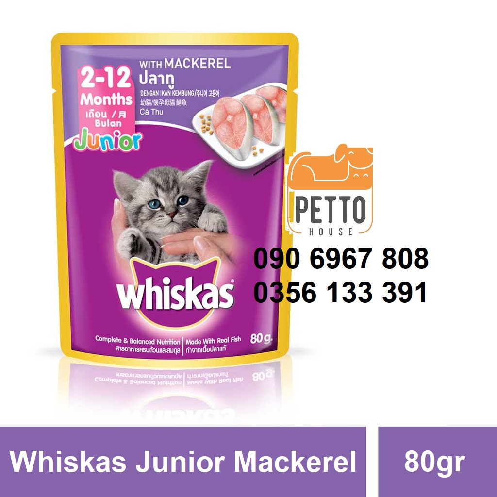 Thức ăn ướt sốt cá thu cho mèo con Whiskas Junior Mackerel 80g