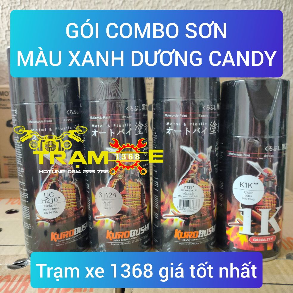 Combo sơn xịt Samurai màu xanh candy Y139 (xanh dương) đủ quy trình độ bền màu cao, có hướng dẫn sơn xe