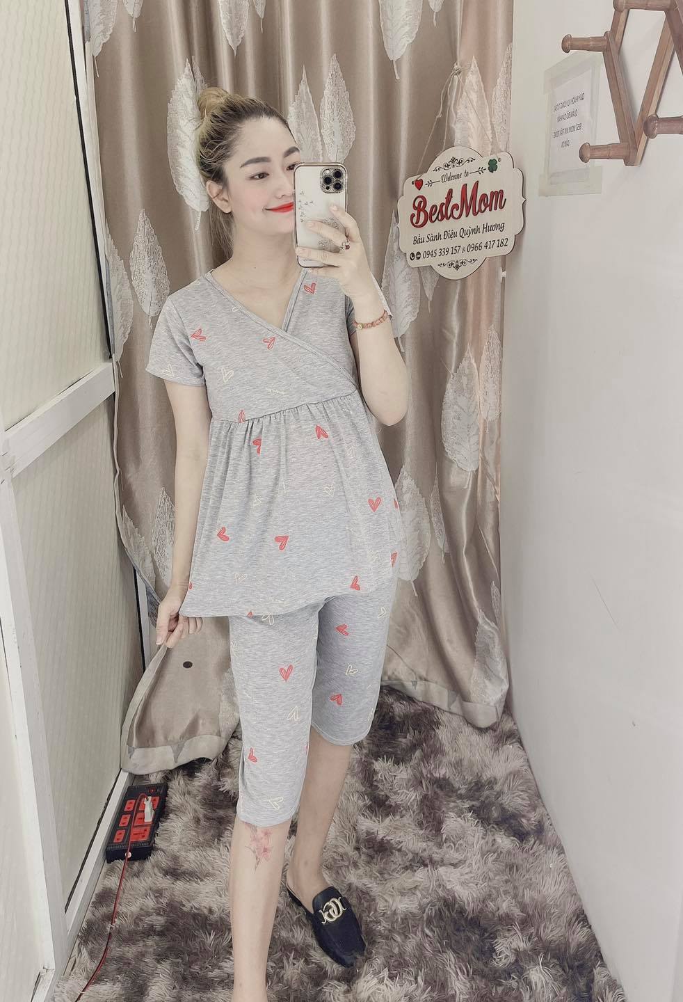 Bộ Lửng Bầu Và Sau Sinh Chất Cotton Cao Cấp (Hình tim cổ chéo)