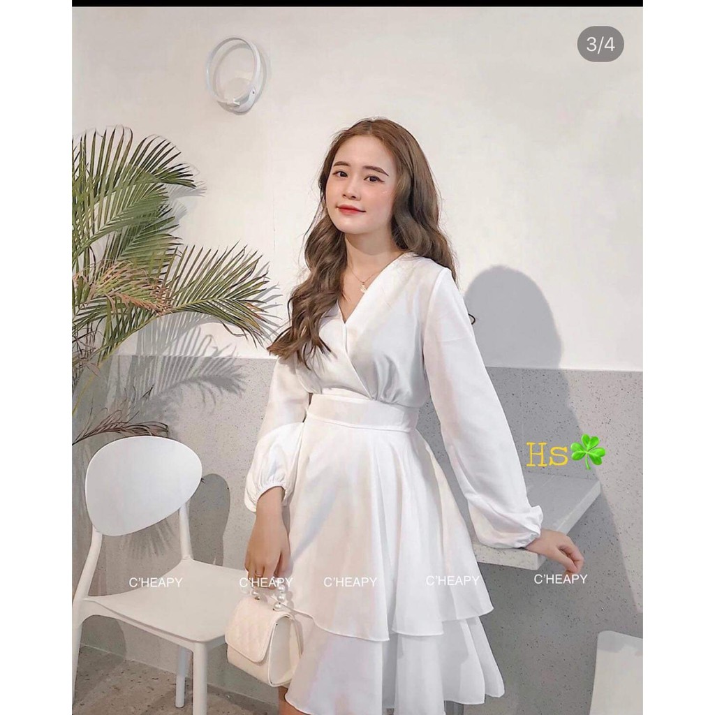 Váy 2 tầng cổ chéo dài tay HSU1120