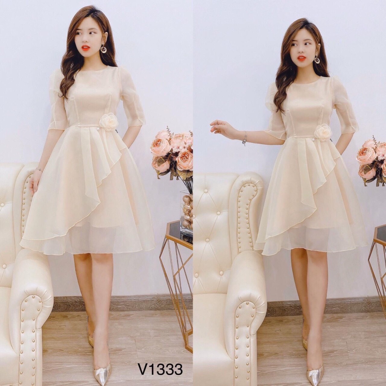 Đầm xòe vạt chéo kết bông eo xinh xắn