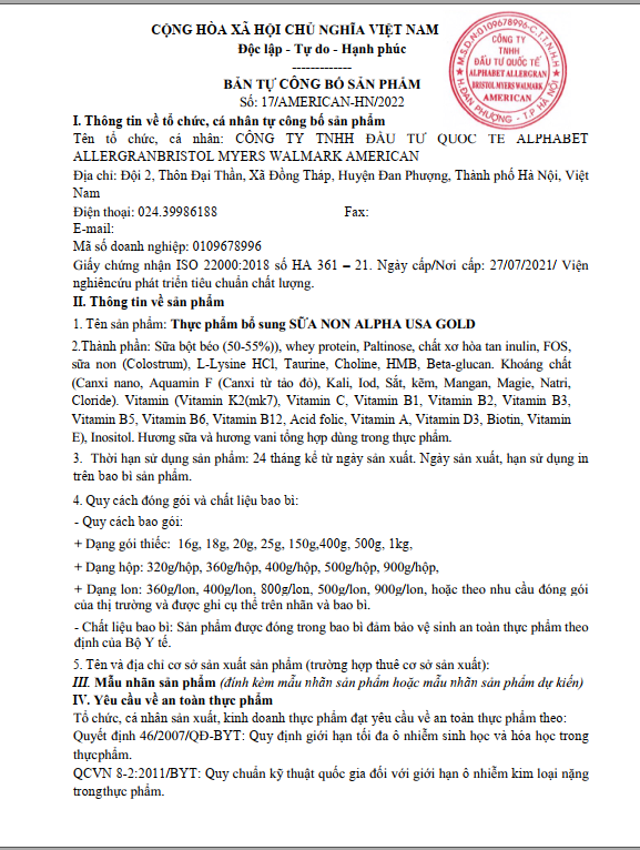 [900gr/hộp, Date T5/2025 ] Sữa bột Alpha USA Gold Colostrum.