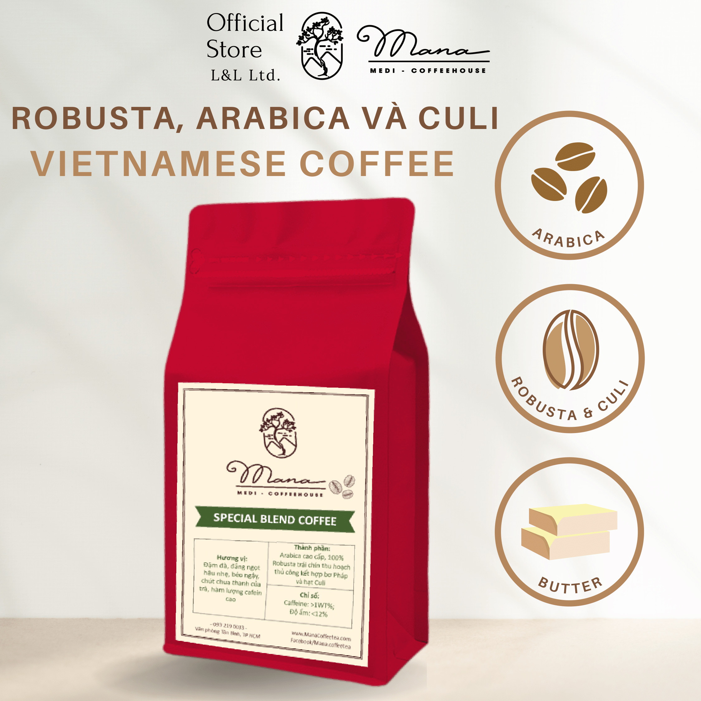 Cà phê nguyên chất BLEND 3 loại Robusta, Arabica