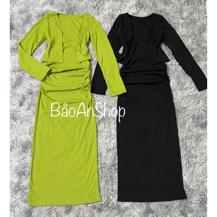 Sét áo khoác + đầm body dây xẻ đùi from dài