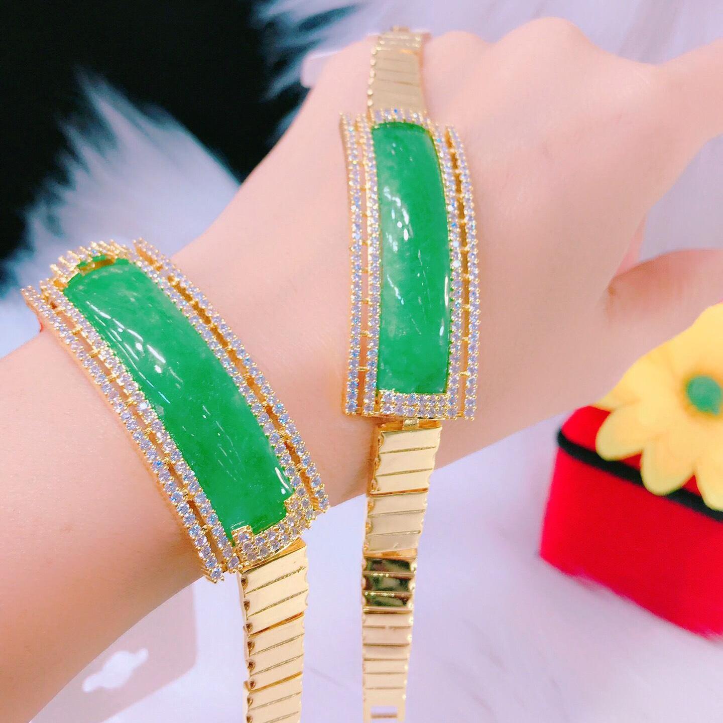 [ SIÊU GIẢM GIÁ ] Lắc tay nữ đẹp, lắc tay mạ vàng thật mạ bạc nữ cao cấp bản ngang chữ nhật đá cẩm thạch xanh ngọc đính pha lê sáng lấp lánh xinh đẹp sang trọng