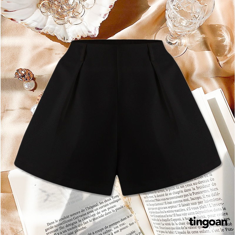 Quần short ngắn cạp cao chiết một ly eo tafta đen tingoan BUBBLE SHORT/BL
