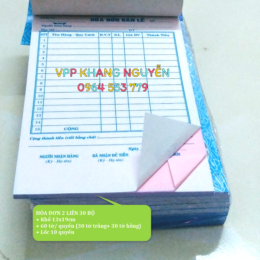 Hoá Đơn 2 Liên 60 Tờ Khổ 13x19cm Lốc 10 Cuốn