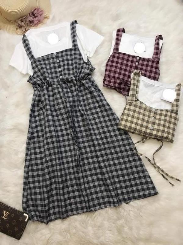Váy yếm mùa hè cho nữ hoạ tiết kẻ caro chết cotton cực mát có thể mặc đôi mặc nhóm cực xinh